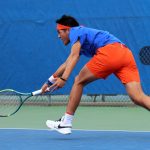 UF men’s tennis junior Tanapatt Nirundorn returns a ball during doubles play against the Auburn Tigers on Saturday, Feb. 22, 2025, at the Alfred A. Ring Tennis Complex in Gainesville, Fla. (Ella Thompson/WRUF)