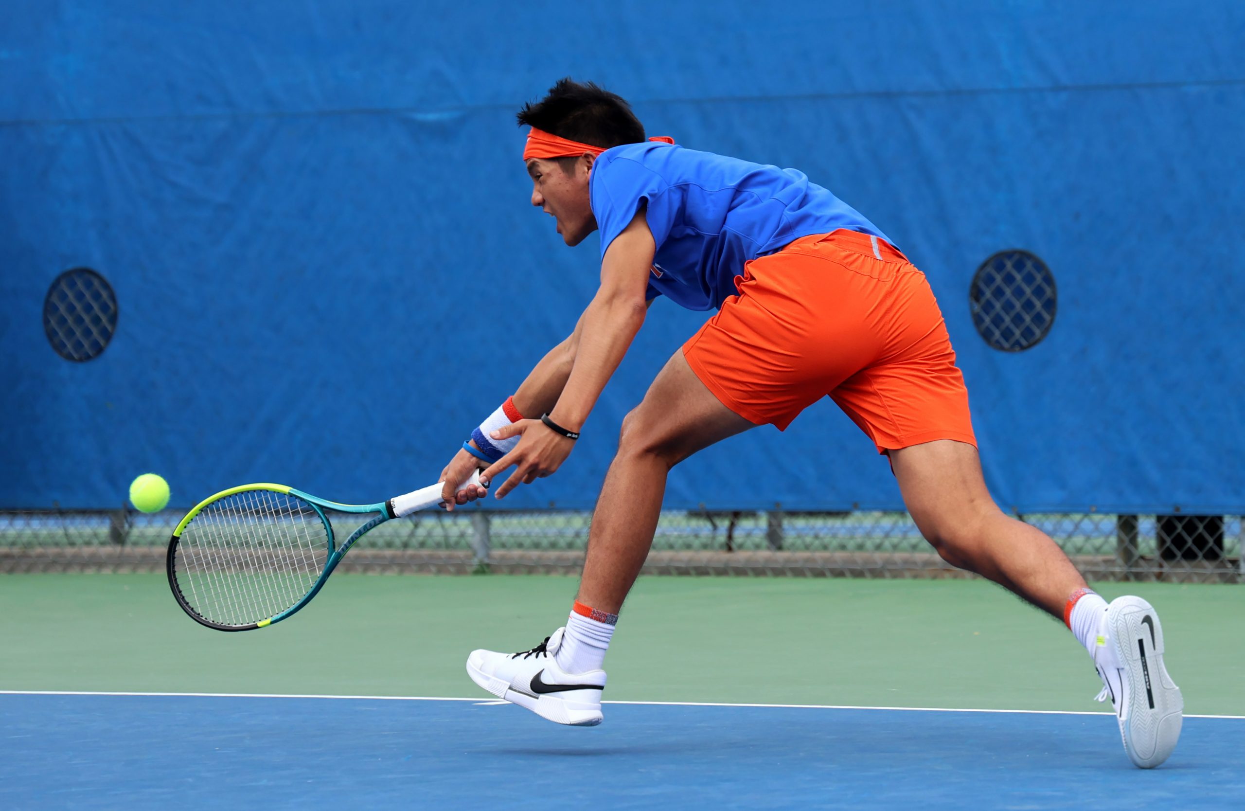 UF men’s tennis junior Tanapatt Nirundorn returns a ball during doubles play against the Auburn Tigers on Saturday, Feb. 22, 2025, at the Alfred A. Ring Tennis Complex in Gainesville, Fla. (Ella Thompson/WRUF)