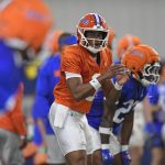 Florida quarterback Tramell Jones Jr. (9) looks at the reciever as the Florida Gators practice on Tuesday, March 10, 2026, at the James W. "Bill" Heavener Football Training Center in Gainesville, Fla.