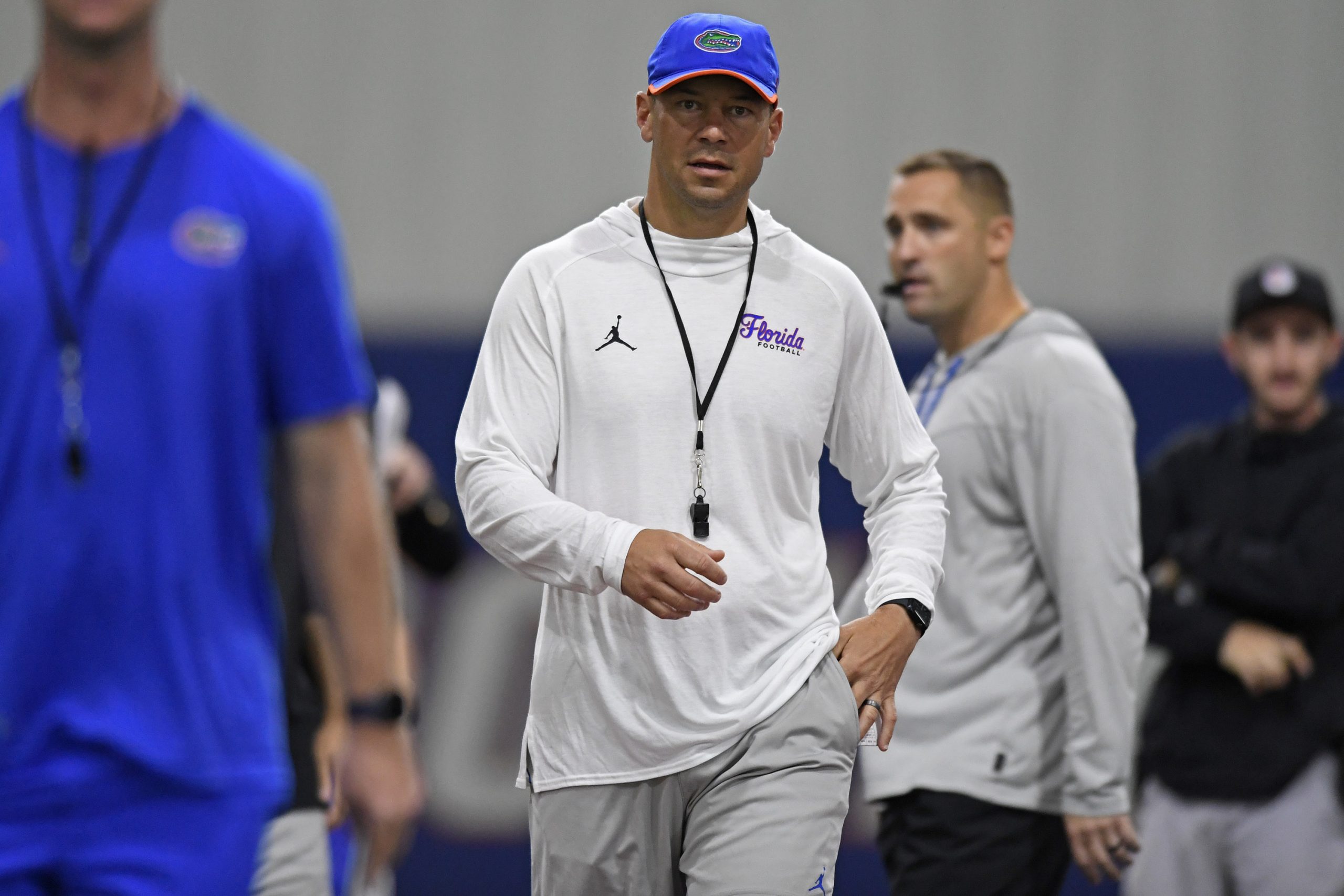 Florida Head Coach Jon Sumrall watches as the Florida Gators practice on Thursday, March 12, 2026, at the James W. "Bill" Heavener Football Training Center in Gainesville, Fla.
