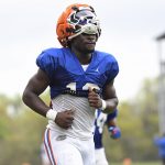 Florida running back Jadan Baugh (13) jogs as the Florida Gators practice on Thursday, March 12, 2026, at the James W. "Bill" Heavener Football Training Center in Gainesville, Fla.