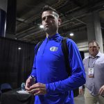 Florida head coach Todd Golden enters the arena as the Florida Gators face the Prairie View A&M Panthers on Friday, March 20, 2026, at Benchmark International Arena in Tampa, Fla.