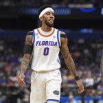 Florida guard Boogie Fland (0) sticks his tongue out as the Florida Gators face the Prairie View A&M Panthers on Friday, March 20, 2026, at Benchmark International Arena in Tampa, Fla.