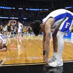 Florida guard Xavian Lee (1) reacts after the end of the game as the Florida Gators face the Iowa Hawkeyes on Sunday, March 22, 2026, at Benchmark International Arena in Tampa, Fla.