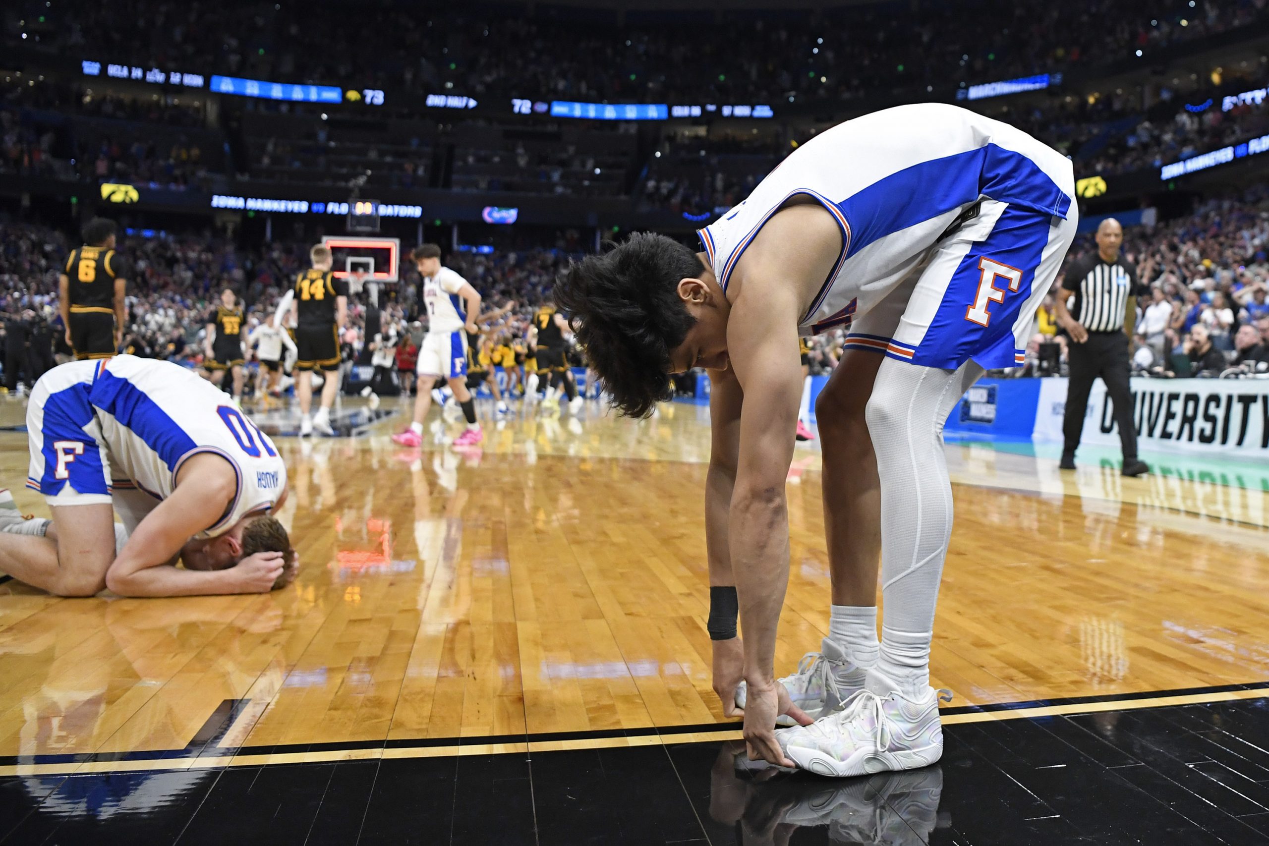 Florida guard Xavian Lee (1) reacts after the end of the game as the Florida Gators face the Iowa Hawkeyes on Sunday, March 22, 2026, at Benchmark International Arena in Tampa, Fla.