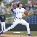 Florida pitcher Liam Peterson (12) pitches as the Florida Gators face the Ole Miss Rebels on Thursday, April 2, 2026, at Condron Family Ballpark in Gainesville, Fla.