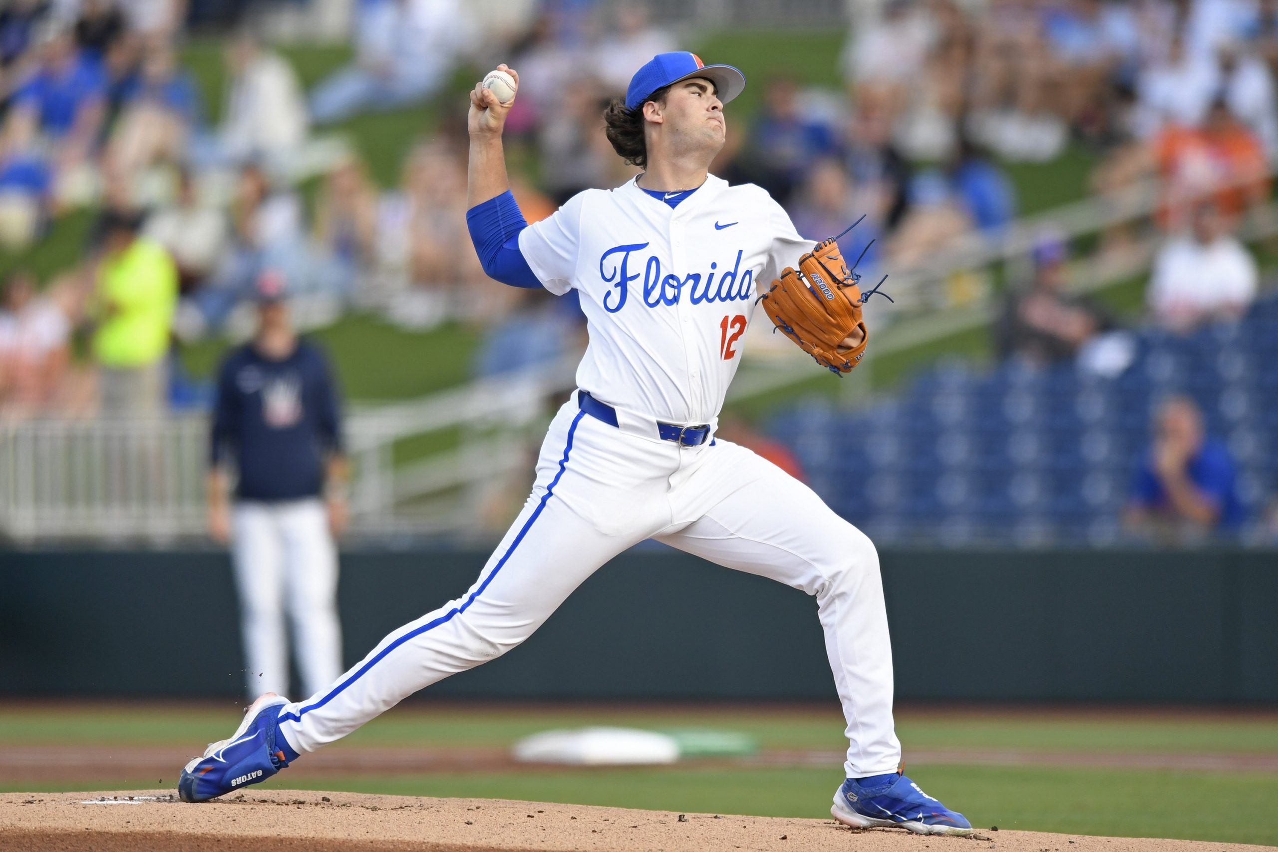 Florida pitcher Liam Peterson (12) pitches as the Florida Gators face the Ole Miss Rebels on Thursday, April 2, 2026, at Condron Family Ballpark in Gainesville, Fla.