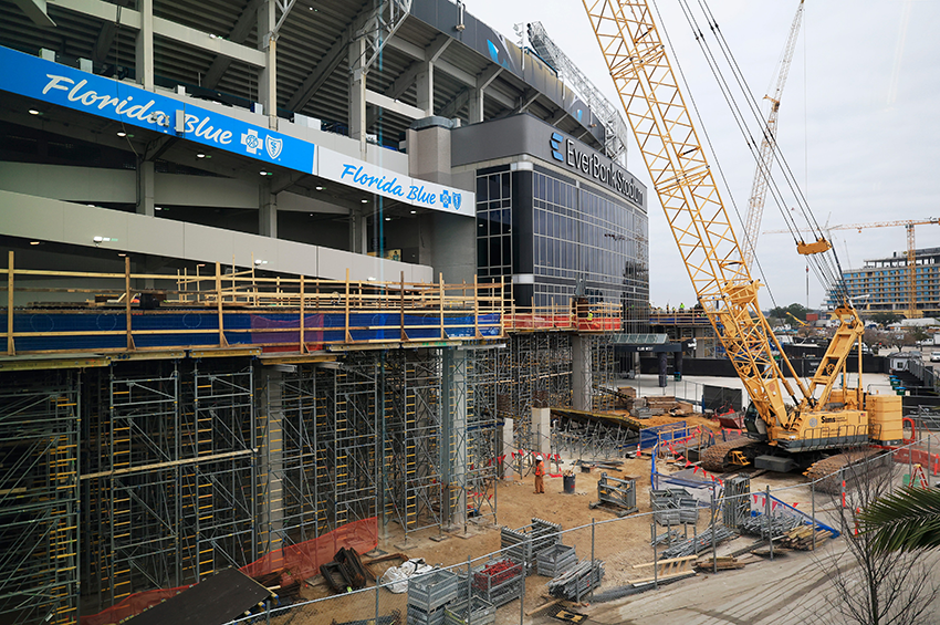 Construction on the Northwest corner of EverBank Stadium continues with construction during a press conference at the Miller Electric Center, Wednesday, Jan. 14, 2026, in Jacksonville, Fla.