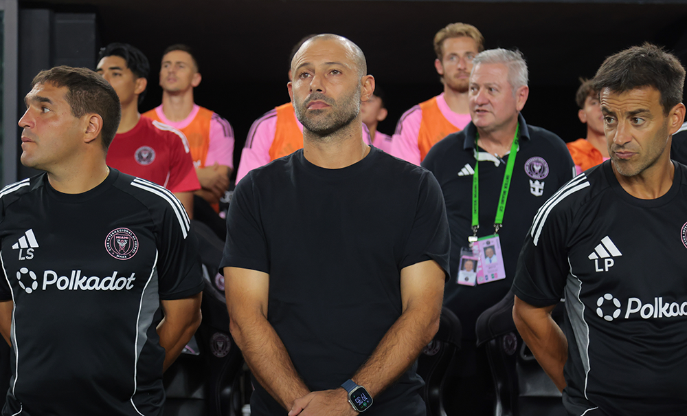 Sep 30, 2025; Fort Lauderdale, Florida, USA; Inter Miami CF head coach Javier Mascherano looks on from the bench before the game against the Chicago Fire at Chase Stadium.