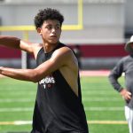 Quarterback Davin Davidson passes the ball during 7-on-7 drills. Cardinal Mooney High football players participate in the school's summer strength and conditioning camp Monday, July 22, 2024. The Cougars won the FHSAA Class 1S state championship last year, defeating Trinity Catholic.