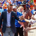 Florida Head Coach Jon Sumrall greets fans during the Gator Walk before the Gators game against Campbell, Saturday, Sept. 12, 2026 in Gainesville, Fla.