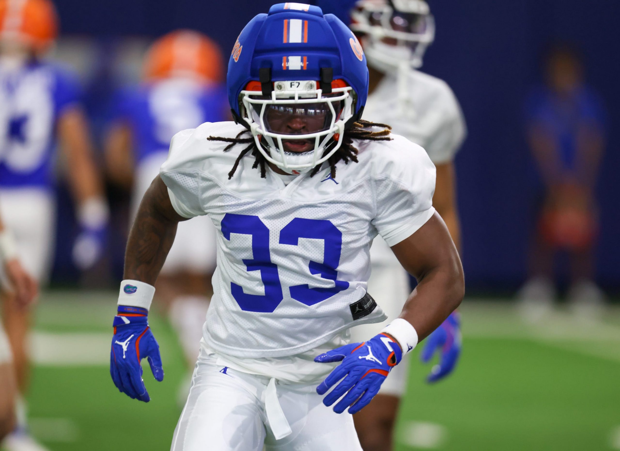 Florida DJ Coleman (33) works out during the first day of Florida Spring football practice at Heavener Football Center in Gainesville, FL on Tuesday, March 3, 2026.
