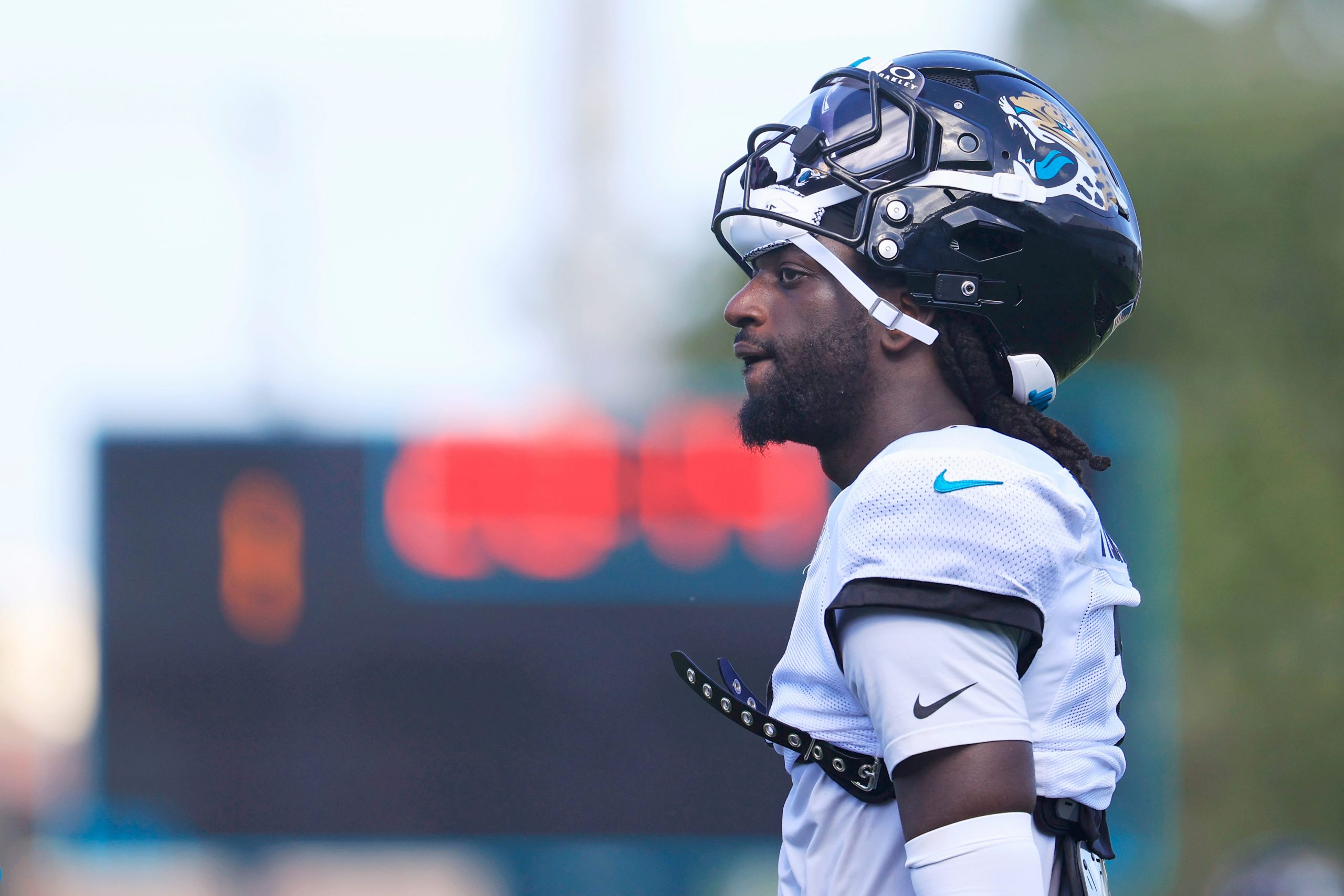 Jacksonville Jaguars wide receiver Brian Thomas Jr. (7) looks on after Day 11 of NFL training camp at the Miller Electric Center on Tuesday, Aug. 11, 2026, in Jacksonville, Fla.