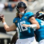 Jacksonville Jaguars quarterback Trevor Lawrence (16) throws a touchdown pass to wide receiver Parker Washington (11), not shown, during the first quarter of an NFL football matchup at EverBank Stadium on Sunday, Sept. 13, 2026, in Jacksonville, Fla.