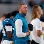 Jacksonville Jaguars head coach Liam Coen looks on during the national anthem before an NFL preseason football matchup at EverBank Stadum on Friday, Aug. 28, 2026 in Jacksonville, Fla.