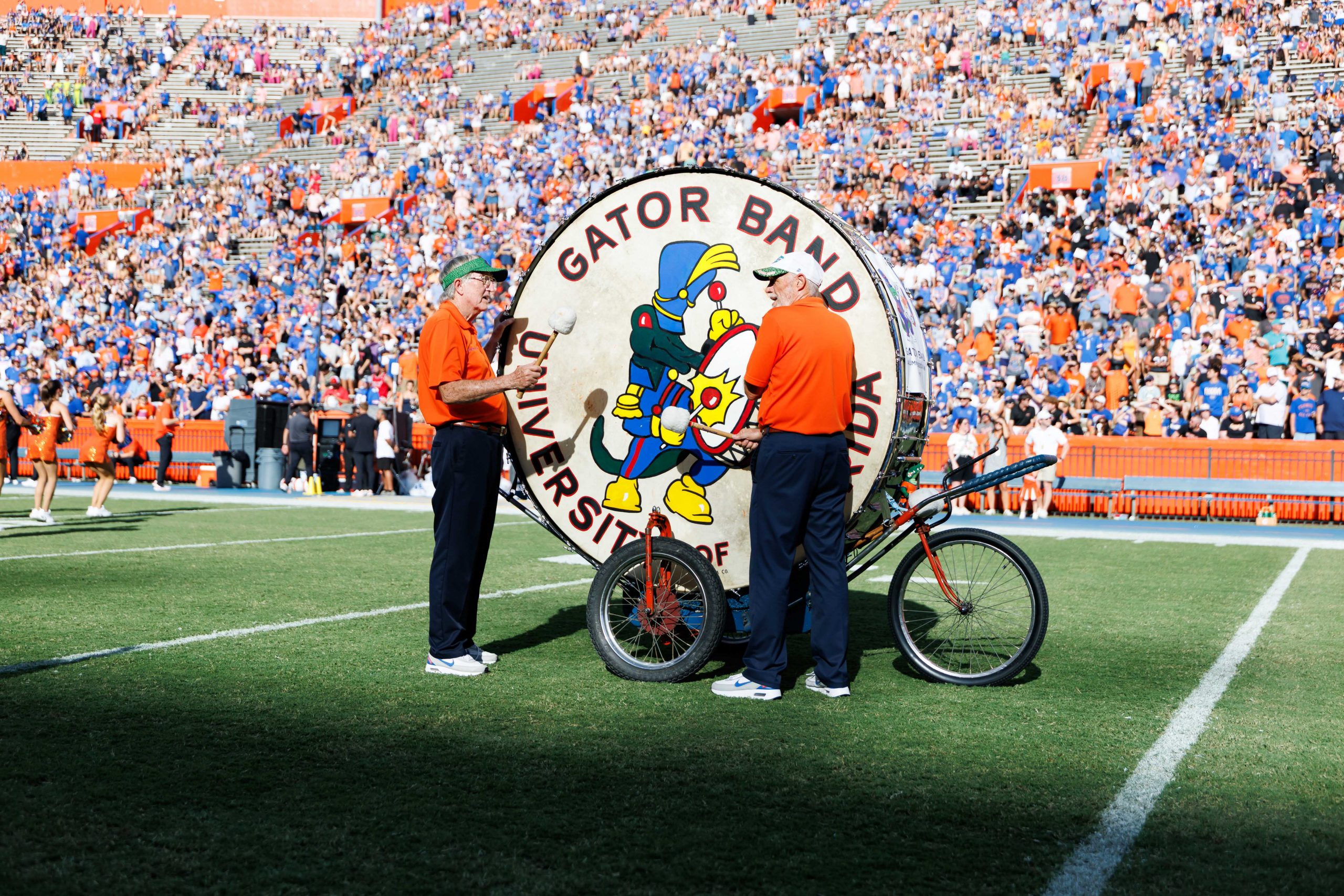 Sep 12, 2026; Gainesville, Florida, USA; University of Florida Fightin' Gator Marching Band Big Boom drum sits on the field before a game against the Campbell Fighting Camels at Ben Hill Griffin Stadium.