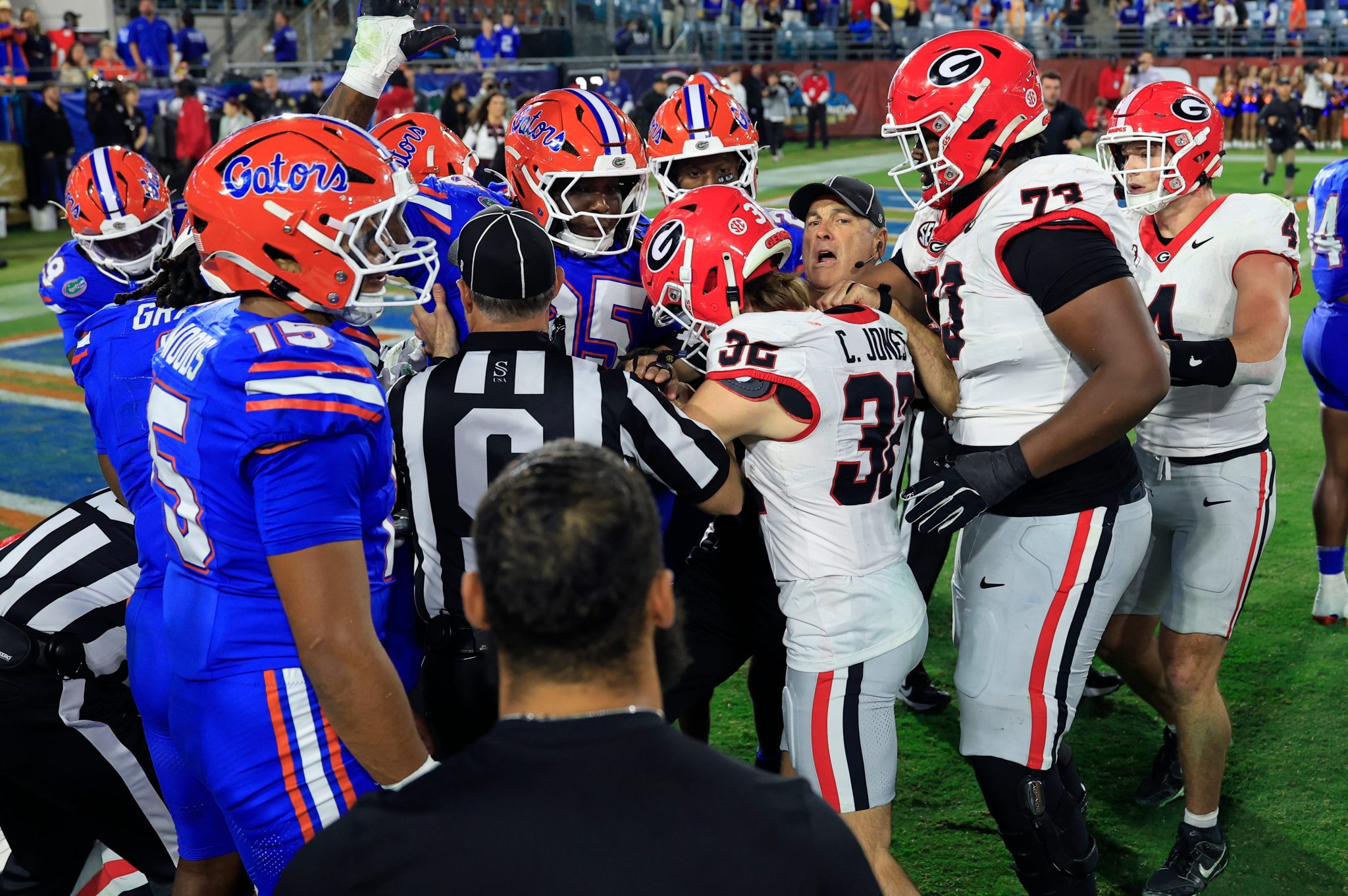 A small scuffle occurs between the Florida Gators and the Georgia Bulldogs on Nov. 1, 2025, at EverBank Stadium. Georgia held off Florida 24-20