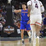 Florida guard Walter Clayton Jr. (1) celebrates a three-pointer as the Florida Gators face the Auburn Tigers on Saturday, April 5, 2025, at the Alamodome in San Antonio, Texas. (Matthew Lewis/WRUF)