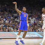 Florida guard Alijah Martin (15) celebrates a three-pointer as the Florida Gators face the Auburn Tigers on Saturday, April 5, 2025, at the Alamodome in San Antonio, Texas. (Matthew Lewis/WRUF)