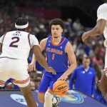 Florida guard Walter Clayton Jr. (1) takes the ball downcourt as the Florida Gators face the Auburn Tigers on Saturday, April 5, 2025, at the Alamodome in San Antonio, Texas. (Matthew Lewis/WRUF)