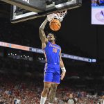 Florida guard Alijah Martin (15) slam dunks the ball as the Florida Gators face the Auburn Tigers on Saturday, April 5, 2025, at the Alamodome in San Antonio, Texas. (Matthew Lewis/WRUF)