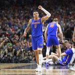 Florida guard Will Richard (5) celebrates a stop as the Florida Gators face the Auburn Tigers on Saturday, April 5, 2025, at the Alamodome in San Antonio, Texas. (Matthew Lewis/WRUF)