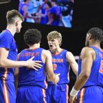 Florida forward Thomas Haugh (10) celebrates with guard Walter Clayton Jr. (1) as the Florida Gators face the Auburn Tigers on Saturday, April 5, 2025, at the Alamodome in San Antonio, Texas. (Matthew Lewis/WRUF)