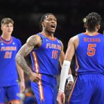 Florida guard Alijah Martin (15) celebrates as the Florida Gators face the Auburn Tigers on Saturday, April 5, 2025, at the Alamodome in San Antonio, Texas. (Matthew Lewis/WRUF)