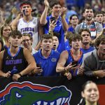 Gator students watch a free throw as the Florida Gators face the Auburn Tigers on Saturday, April 5, 2025, at the Alamodome in San Antonio, Texas. (Matthew Lewis/WRUF)