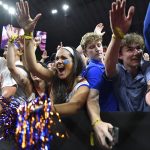 Gator students celebrate as the Florida Gators face the Auburn Tigers on Saturday, April 5, 2025, at the Alamodome in San Antonio, Texas. (Matthew Lewis/WRUF)