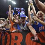 Gator students celebrate as the Florida Gators face the Auburn Tigers on Saturday, April 5, 2025, at the Alamodome in San Antonio, Texas. (Matthew Lewis/WRUF)