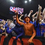 Gator students celebrate as the Florida Gators face the Auburn Tigers on Saturday, April 5, 2025, at the Alamodome in San Antonio, Texas. (Matthew Lewis/WRUF)