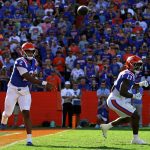 University of Florida's DJ Lagway (#2) throws the ball during the first quarter of the Gators’ game against the Mississippi State Bulldogs at Ben Hill Griffin Stadium in Gainesville, Fla., Saturday night, Oct. 18, 2025. (Libby Clifton/WRUF)