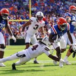 University of Florida’s Jadan Baugh (#13) runs with the ball during the first quarter of the Gators’ game against the Mississippi State Bulldogs at Ben Hill Griffin Stadium in Gainesville, Fla., Saturday night, Oct. 18, 2025. (Libby Clifton/WRUF)