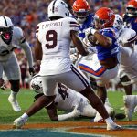 KD Daniels (#21) pushes through the defense for a touchdown during the Gators’ game against the Mississippi State Bulldogs at Ben Hill Griffin Stadium in Gainesville, Fla., Saturday night, Oct. 18, 2025. (Libby Clifton/WRUF)