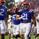 KD Daniels (#21) celebrates a touchdown during the Gators’ game against the Mississippi State Bulldogs at Ben Hill Griffin Stadium in Gainesville, Fla., Saturday night, Oct. 18, 2025. (Libby Clifton/WRUF)