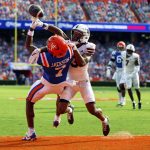 University of Florida's Amir Jackson (#7) fumbles the ball during the Gators’ game against the Mississippi State Bulldogs at Ben Hill Griffin Stadium in Gainesville, Fla., Saturday night, Oct. 18, 2025. (Libby Clifton/WRUF)