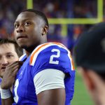 DJ Lagway (#2) looks to the scoreboard at the center of the field after winning the Gators’ game against Mississippi State at Ben Hill Griffin Stadium in Gainesville, Fla., Saturday night, Oct. 18, 2025. (Libby Clifton/WRUF)