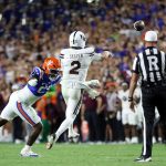Mississippi State's Blake Shapen (#2) throws the ball during the Gators’ game against Mississippi State at Ben Hill Griffin Stadium in Gainesville, Fla., Saturday night, Oct. 18, 2025. (Libby Clifton/WRUF)