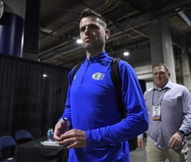 Florida head coach Todd Golden enters the arena as the Florida Gators face the Prairie View A&amp;M Panthers on Friday, March 20, 2026, at Benchmark International Arena in Tampa, Fla.