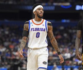 Florida guard Boogie Fland (0) sticks his tongue out as the Florida Gators face the Prairie View A&amp;M Panthers on Friday, March 20, 2026, at Benchmark International Arena in Tampa, Fla.