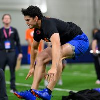 Long snapper Rocco Underwood jumps during Pro Day inside the Heavener Football Training Center, Thursday, March 26, 2026, in Gainesville, Fla. (Noah Lantor/WRUF)