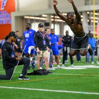 Tight end Jaylen Jordan jumps during Pro Day inside the Heavener Football Training Center, Thursday, March 26, 2026, in Gainesville, Fla. (Noah Lantor/WRUF)