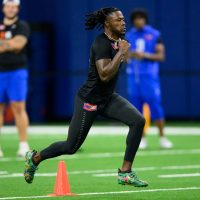 Defensive back Micheal Caraway Jr. runs the 40-yard-dash during Pro Day inside the Heavener Football Training Center, Thursday, March 26, 2026, in Gainesville, Fla. (Noah Lantor/WRUF)