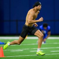 Defensive back Devin Moore runs the 40-yard-dash during Pro Day inside the Heavener Football Training Center, Thursday, March 26, 2026, in Gainesville, Fla. (Noah Lantor/WRUF)