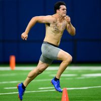 Long snapper Rocco Underwood runs the 40-yard-dash during Pro Day inside the Heavener Football Training Center, Thursday, March 26, 2026, in Gainesville, Fla. (Noah Lantor/WRUF)