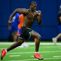 Tight end Jaylen Jordan runs the 40-yard-dash during Pro Day inside the Heavener Football Training Center, Thursday, March 26, 2026, in Gainesville, Fla. (Noah Lantor/WRUF)