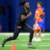 Defensive back Micheal Caraway Jr. runs the 40-yard-dash during Pro Day inside the Heavener Football Training Center, Thursday, March 26, 2026, in Gainesville, Fla. (Noah Lantor/WRUF)