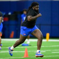 Offensive lineman Damieon George Jr. runs the 40-yard-dash during Pro Day inside the Heavener Football Training Center, Thursday, March 26, 2026, in Gainesville, Fla. (Noah Lantor/WRUF)