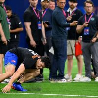 Long snapper Rocco Underwood runs during Pro Day inside the Heavener Football Training Center, Thursday, March 26, 2026, in Gainesville, Fla. (Noah Lantor/WRUF)